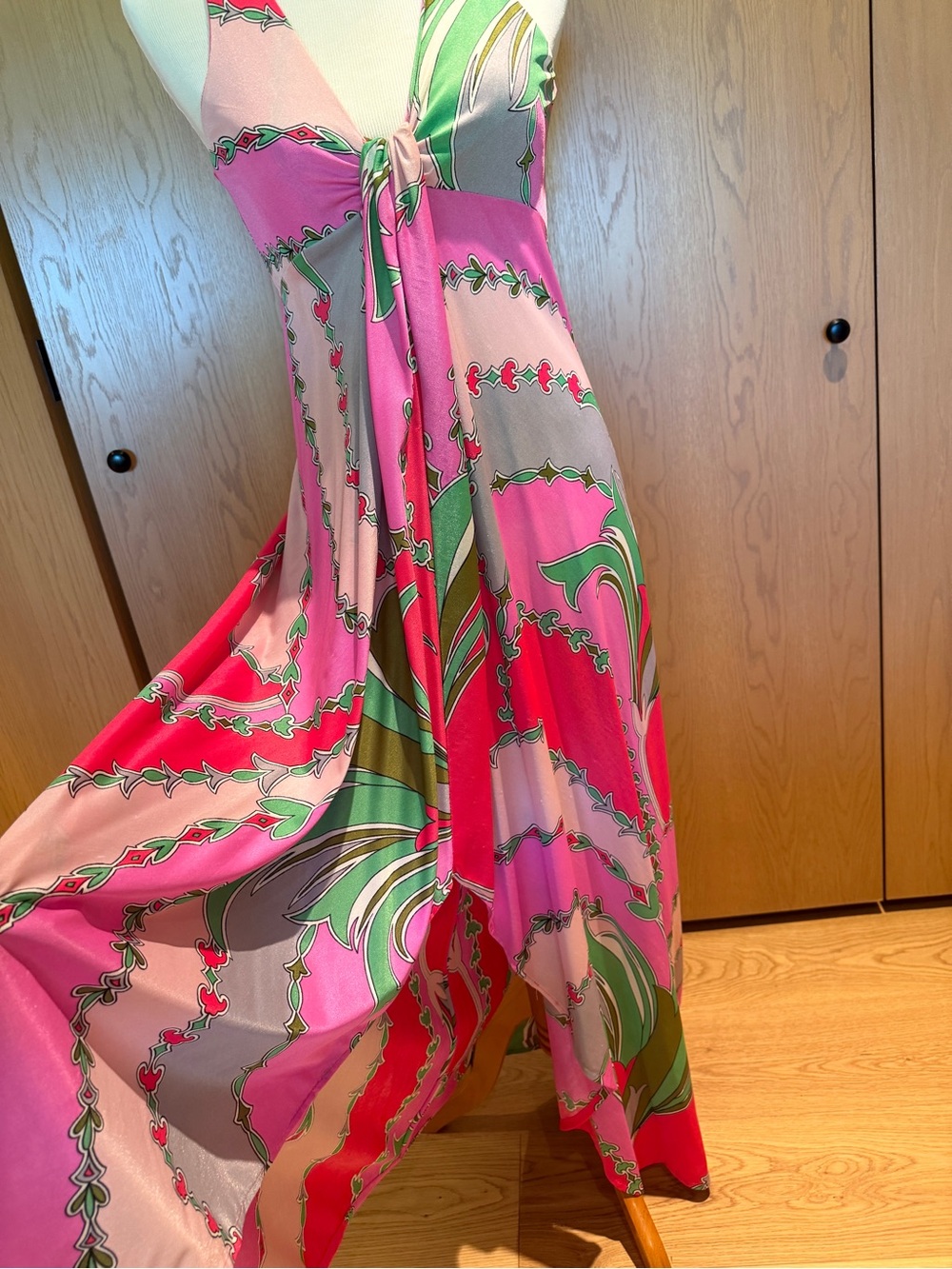 Vintage Saks Fifth Avenue 1970s Pink Green Halter Maxi Dress Sz 8 - Picture 4 of 13